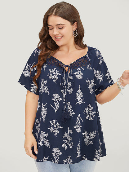 Floral Tassels Tie Neck Contrast Lace  Blouse