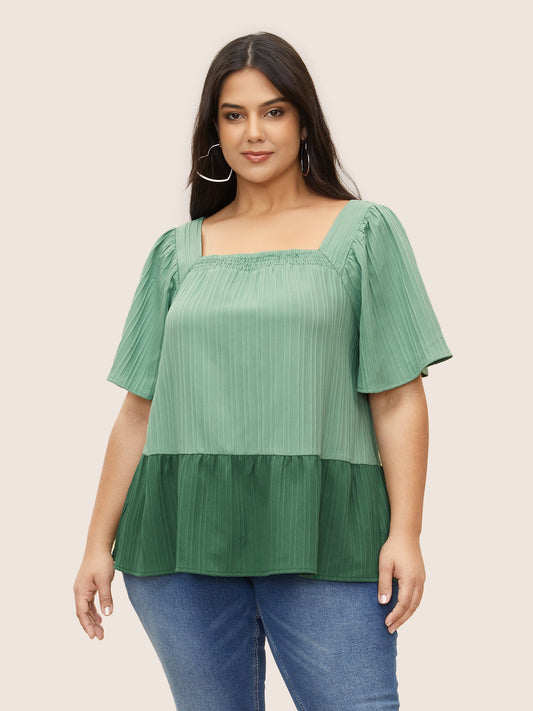 Two Tone Textured Shirred Patchwork Ruffles Hem Blouse