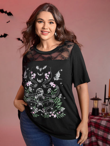 Midnight Garden Sheer Lace Trim T-Shirt