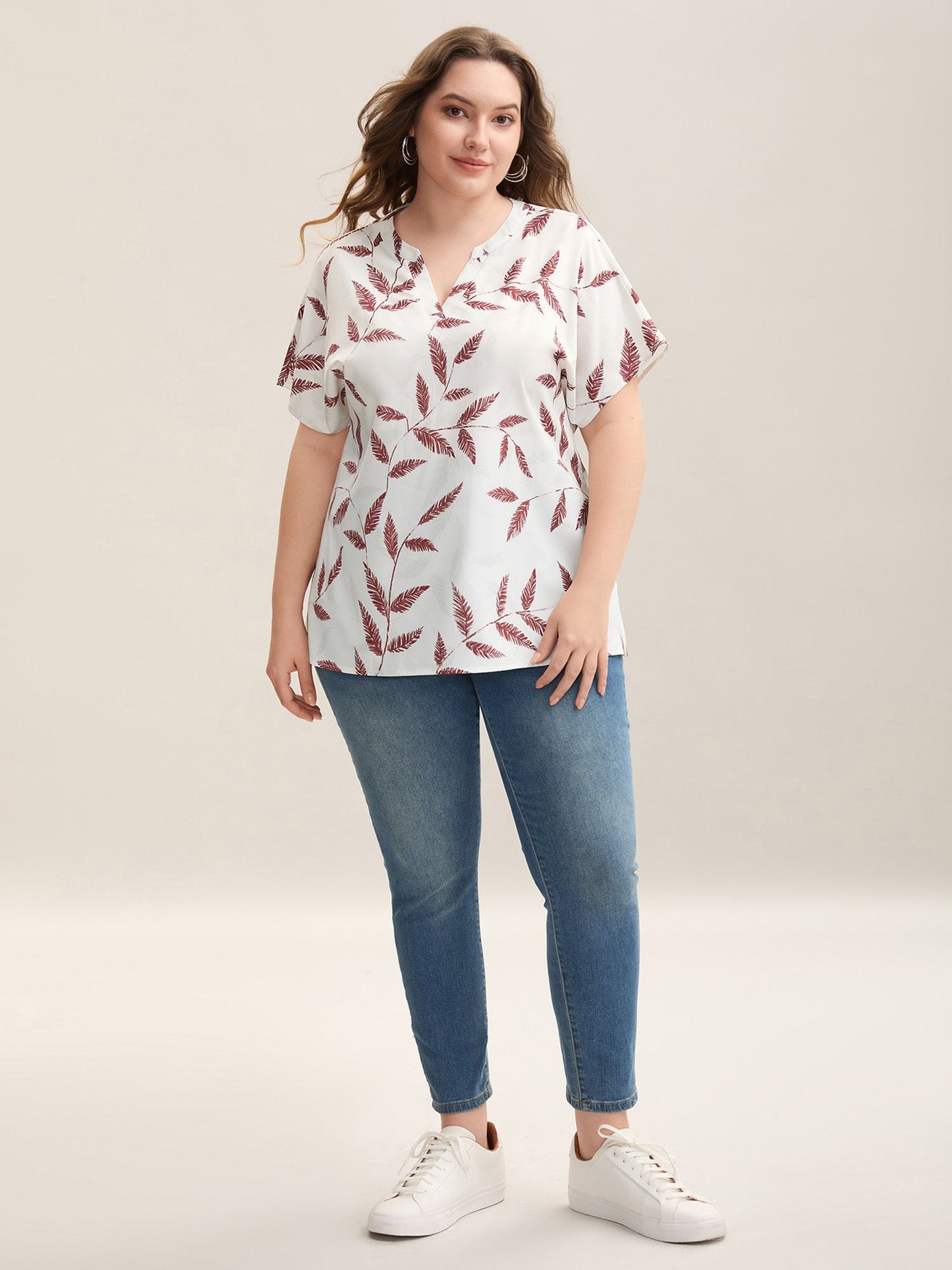 Leaf Print Notched Collar Blouse
