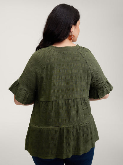 Notched Neck-Tie Crinkle Tiered Blouse