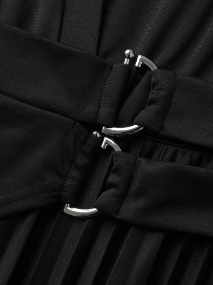 Metal Buckle Drape Pleated Midi Dress