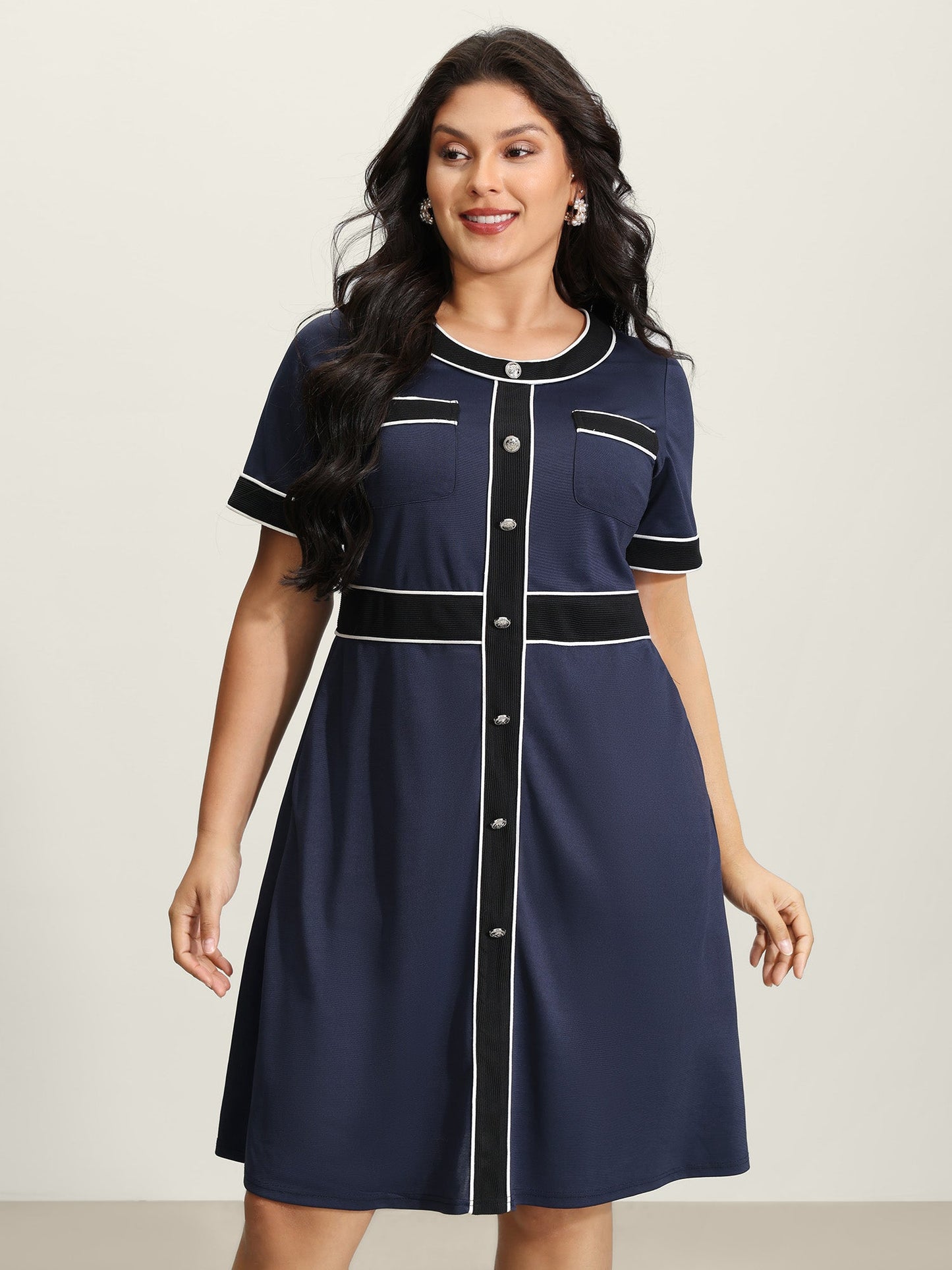Textured Color Contrast Stretchy Midi Dress