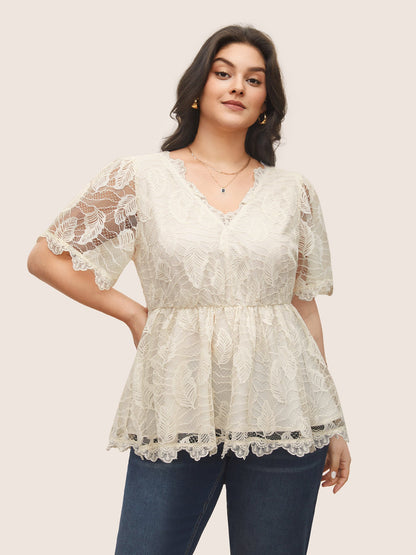 Lace Panel Mesh Patchwork Elastic Waist Blouse