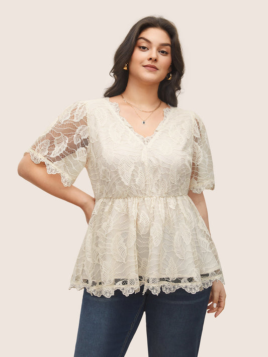 Lace Panel Mesh Patchwork Elastic Waist Blouse