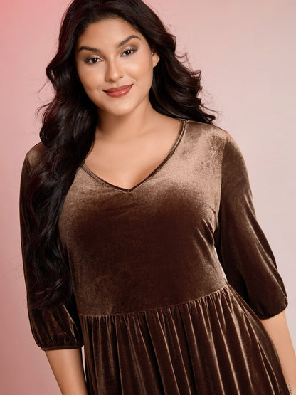Velvet V-Neck Cinched-Waist Midi Dress