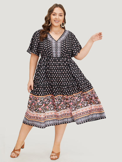 Boho Print Contrast Gathered Pocket Ruffles Dress