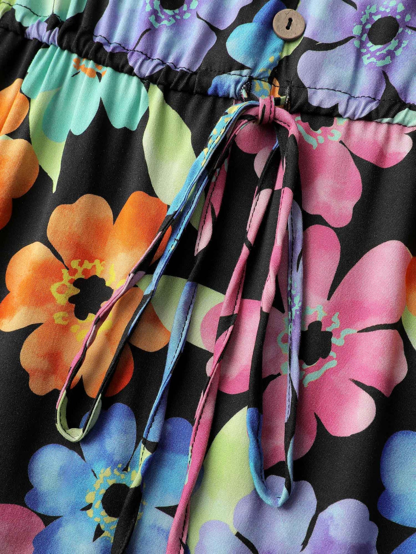 Floral Print Ruffled Drawstring Pockets Midi Dress