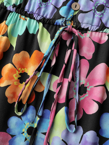 Floral Print Ruffled Drawstring Pockets Midi Dress