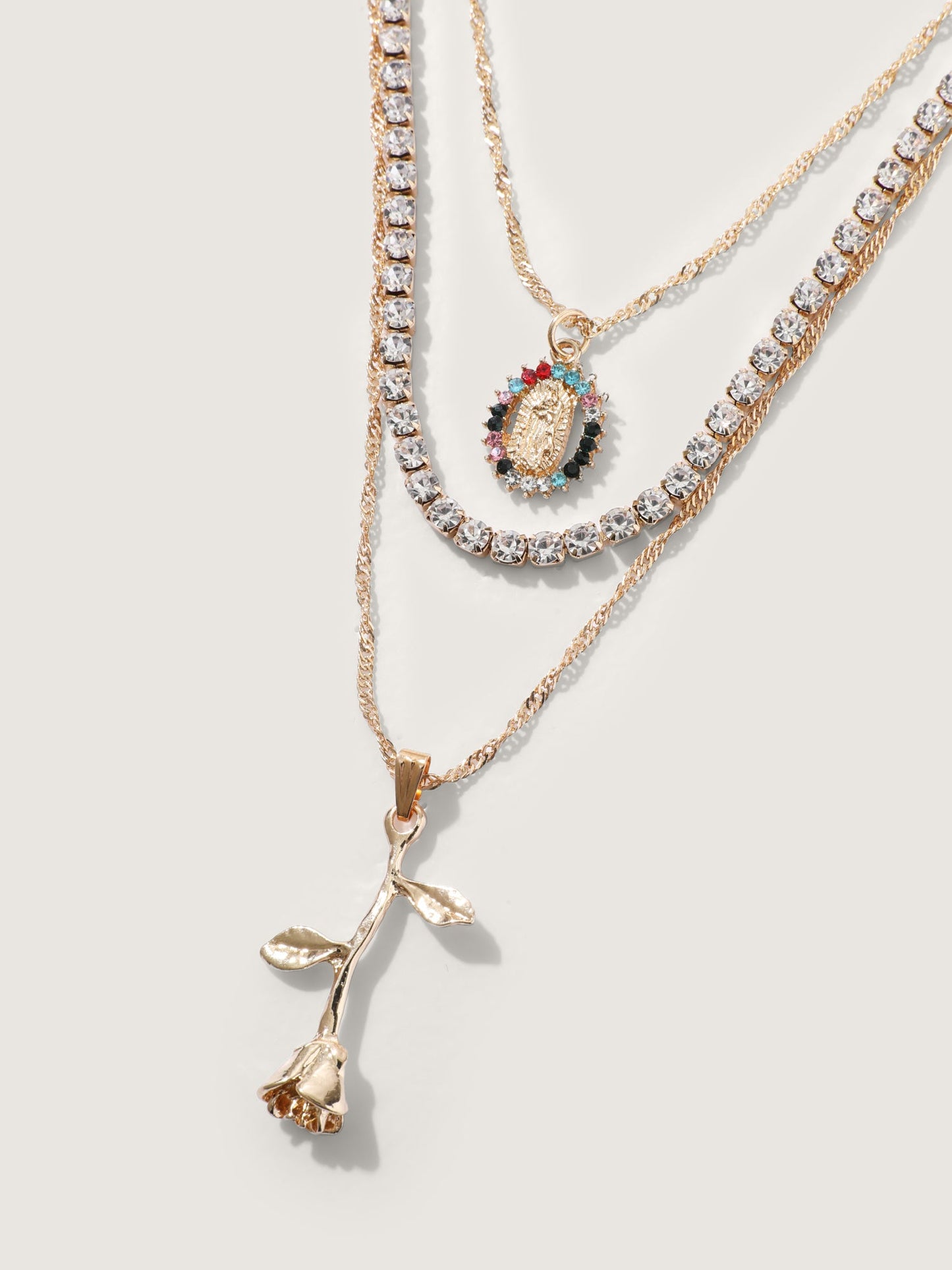 Rhinestone & Rose Charm Layered Necklace