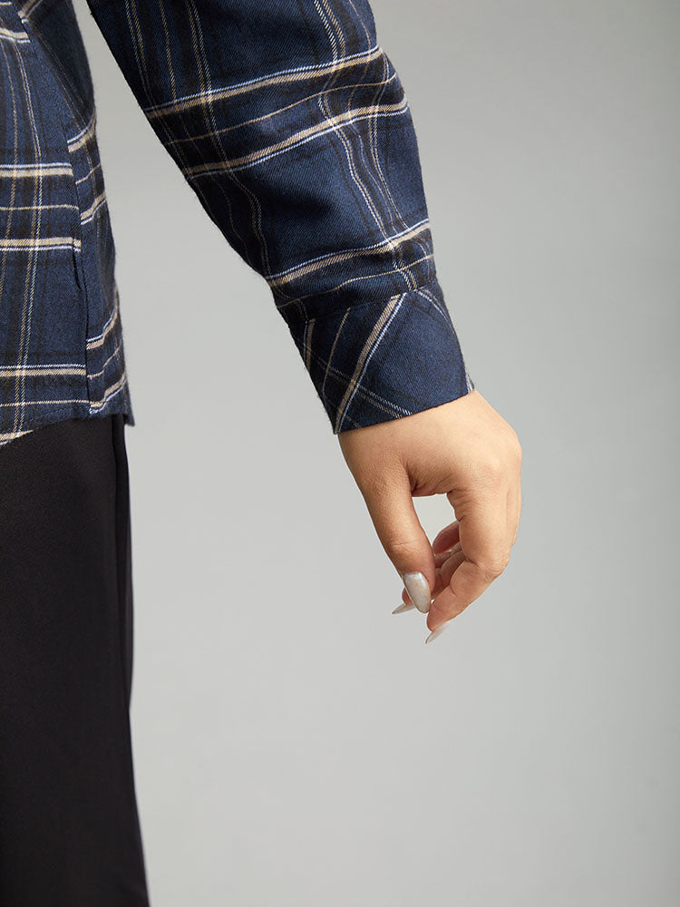 Plaid Shirt Collar Button Through Pocket Blouse