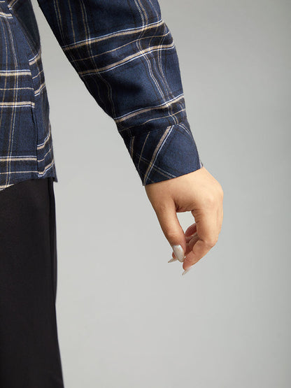 Plaid Shirt Collar Button Through Pocket Blouse