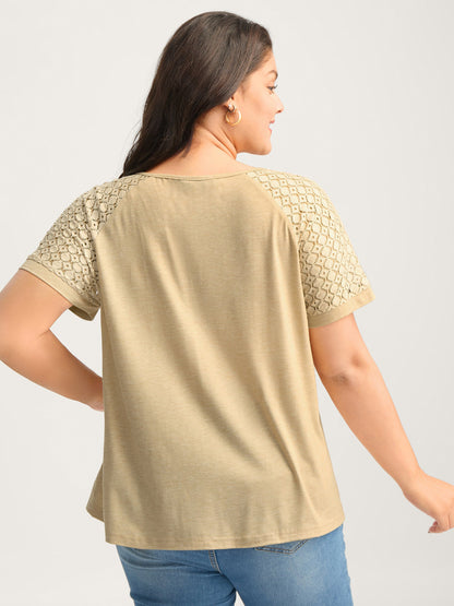 Sheer Lace Sleeve Spliced Solid T-Shirt