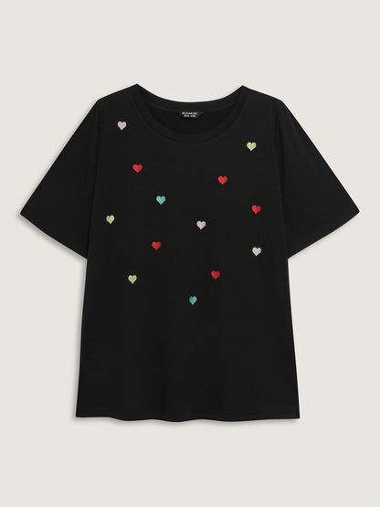 Embroidered Hearts Stretchy Round Neck T-Shirt