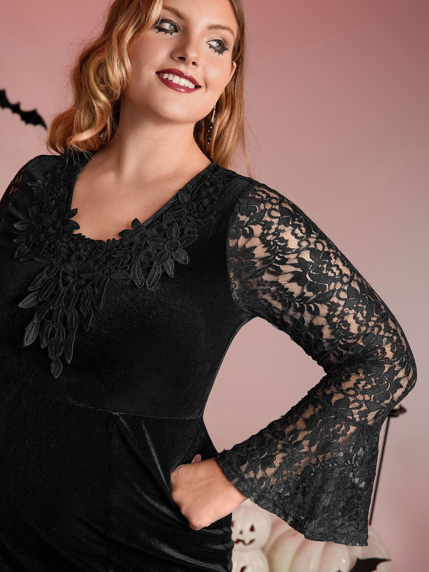 Velvet Lace Sleeve Split Hem Maxi Dress
