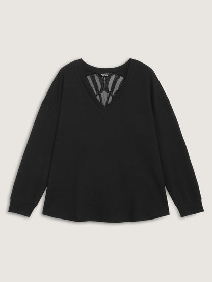 Sheer Lace Back Textured Sweatshirt