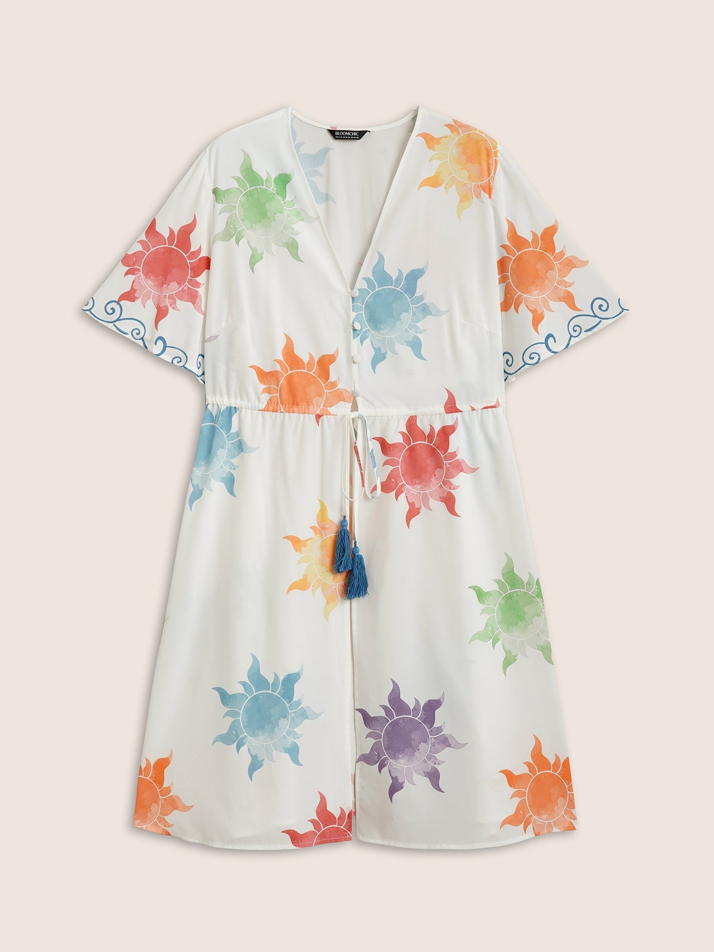 Sun Print Knotted Button Up Drawstring Kimono