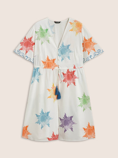 Sun Print Knotted Button Up Drawstring Kimono