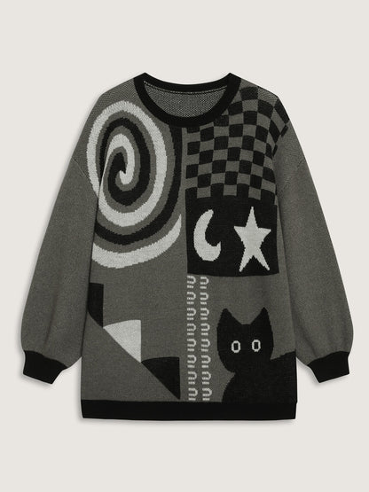 Halloween Cat Print Contrast Pullover