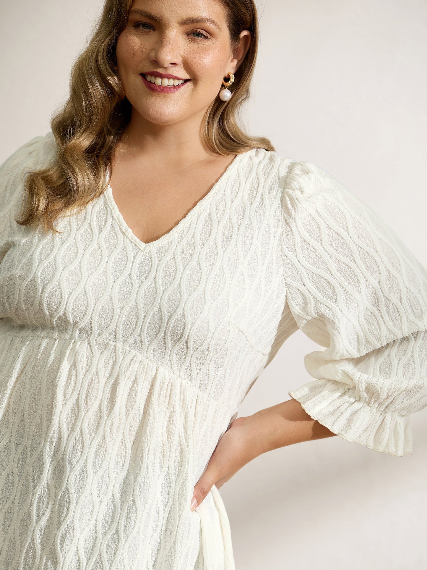 Textured Puffy Sleeve V-Neck Blouse