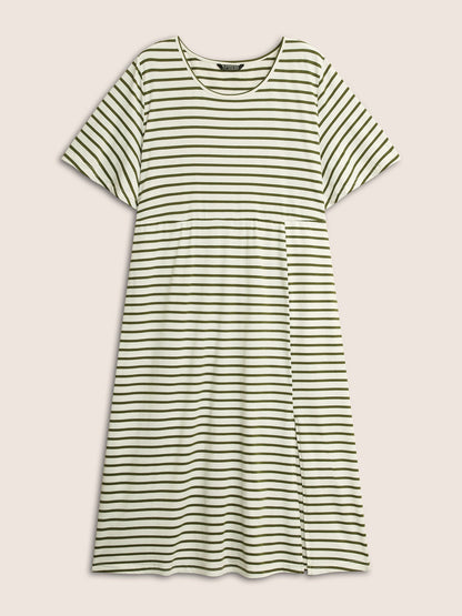 Stripes Round Neck Split Side Pocket Dress