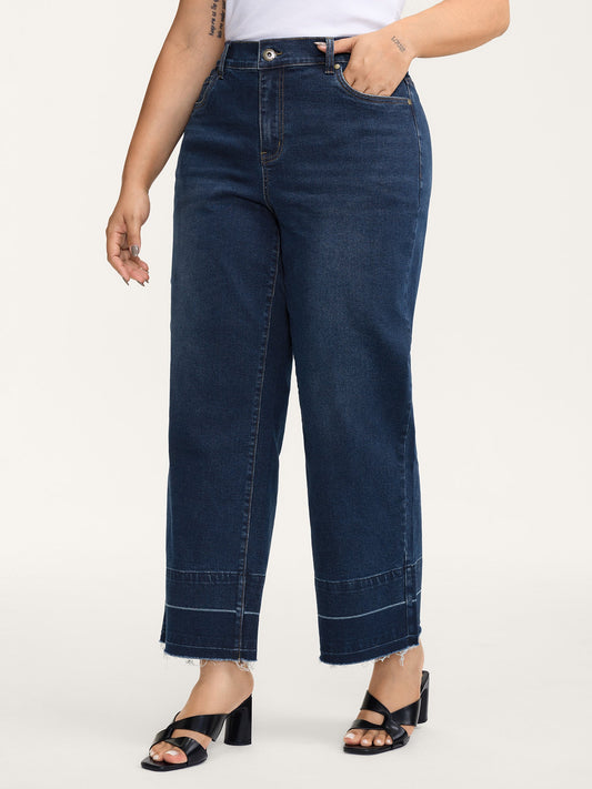 Stretch Frayed Hem Straight-Leg Jeans