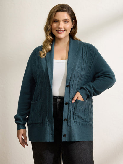 Cable Knit Pockets Shawl Collar Knit Cardigan