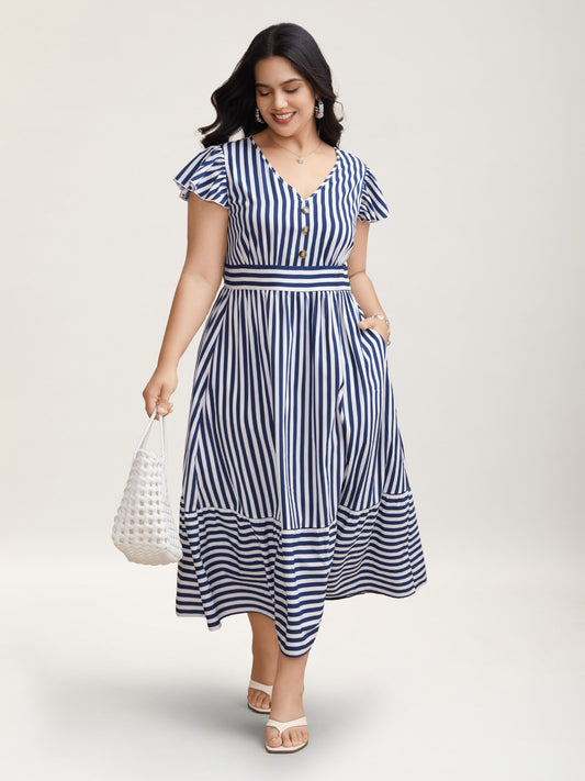 Nautical Stripes Stretchy Waist Tiered Midi Dress
