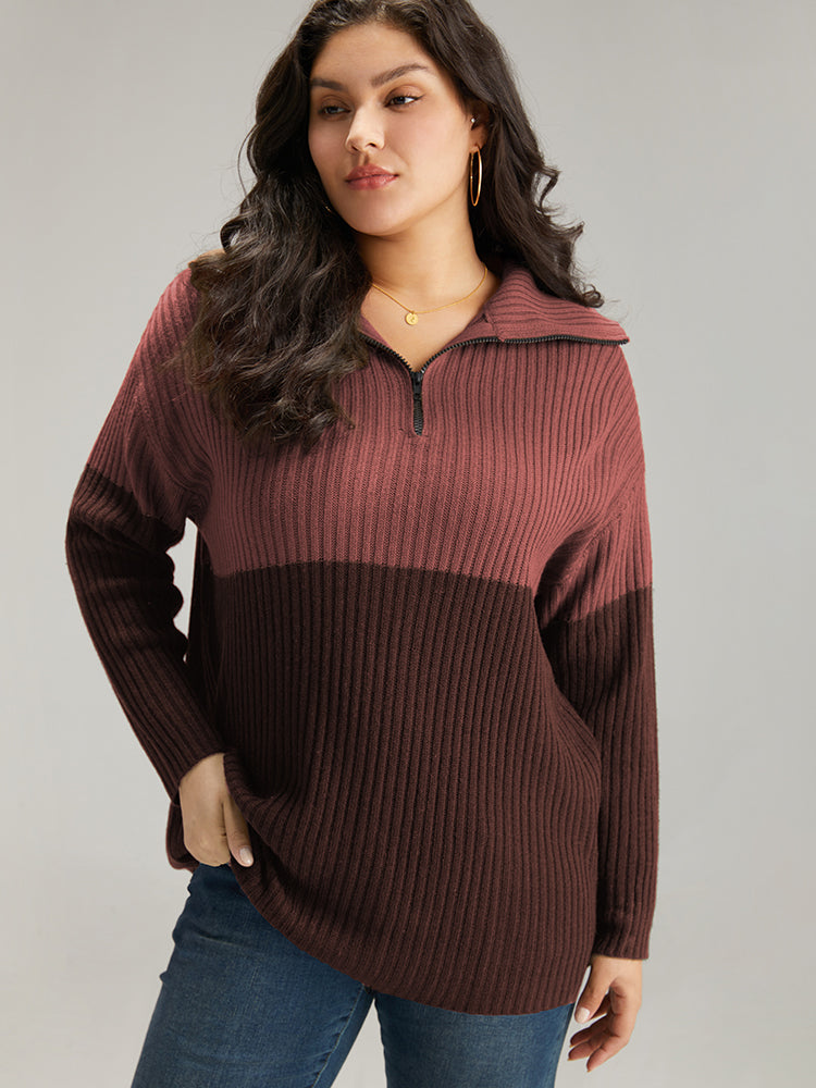 Colorblock Contrast Half Zip Lapel Collar Pullover