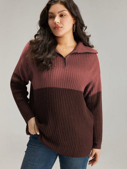 Colorblock Contrast Half Zip Lapel Collar Pullover