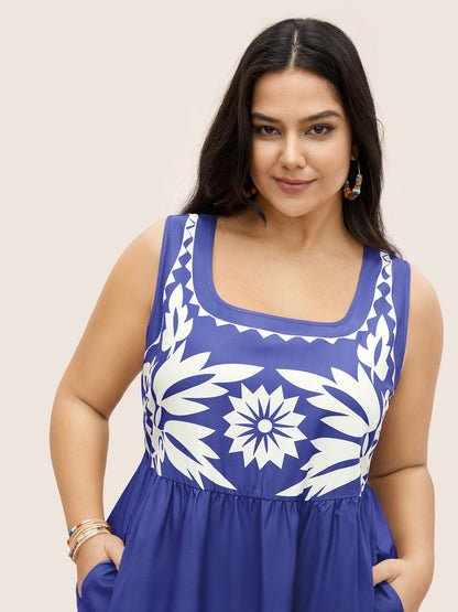 Boho Print Square Neck Elastic Waist Tank Dress