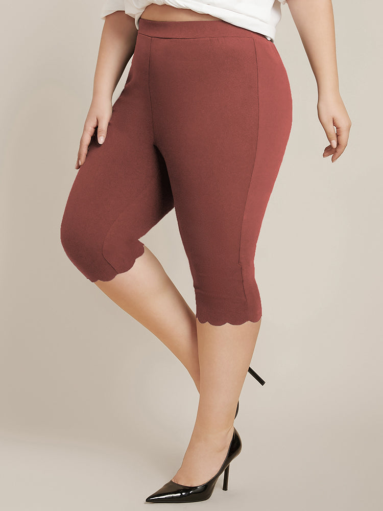 Solid Scalloped Trim Elastic Waist Skinny Leggings