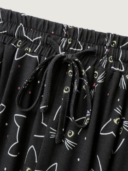 Meow Halloween Print Wide-Leg Lounge Pants