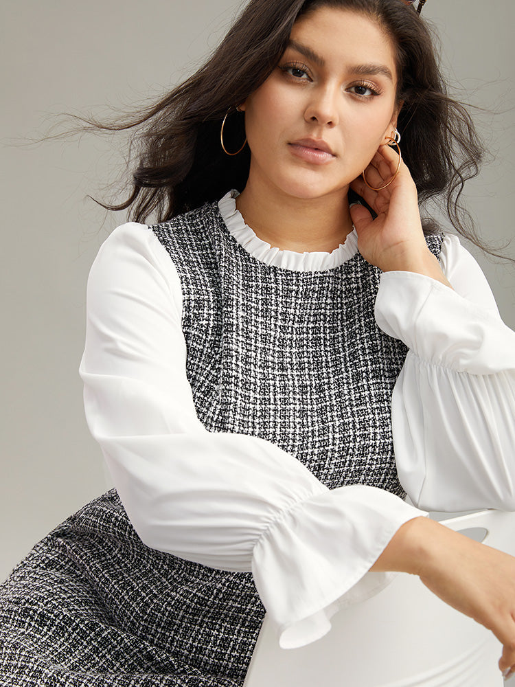 Plaid Patchwork Ruffle Trim Knee Dress