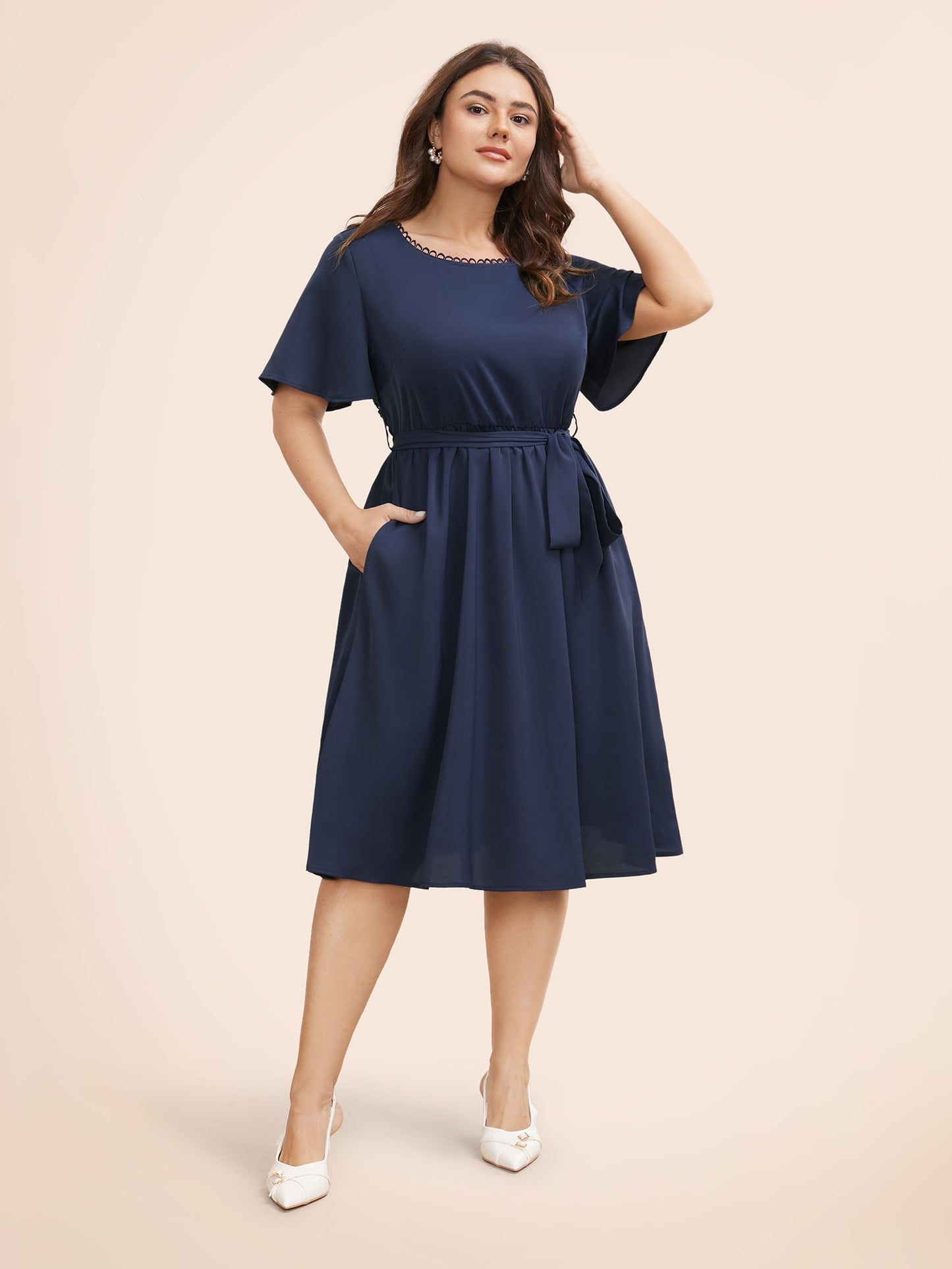 Round Neck Lace Patchwork Ruffle Sleeve Dress
