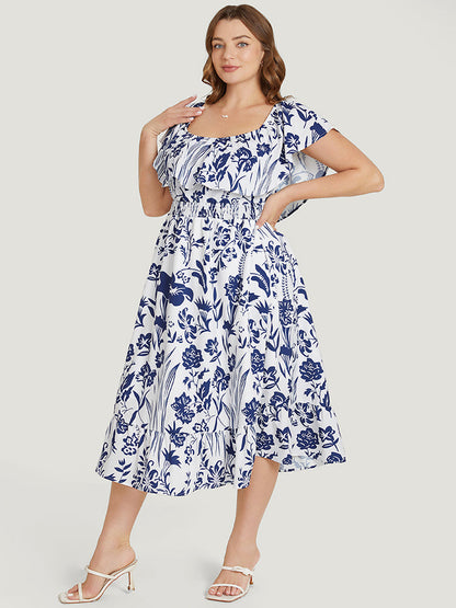 Floral Ruffle Trim Square Neck Shirred Pocket Dress