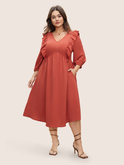Patchwork Ruffles Pocket Elastic Waist Crepe Dress