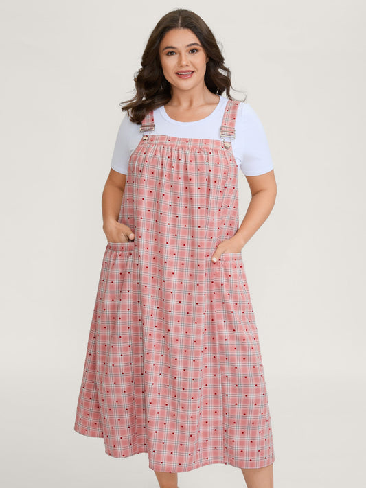Gingham Overall Adjustable Pockets Midi Dress