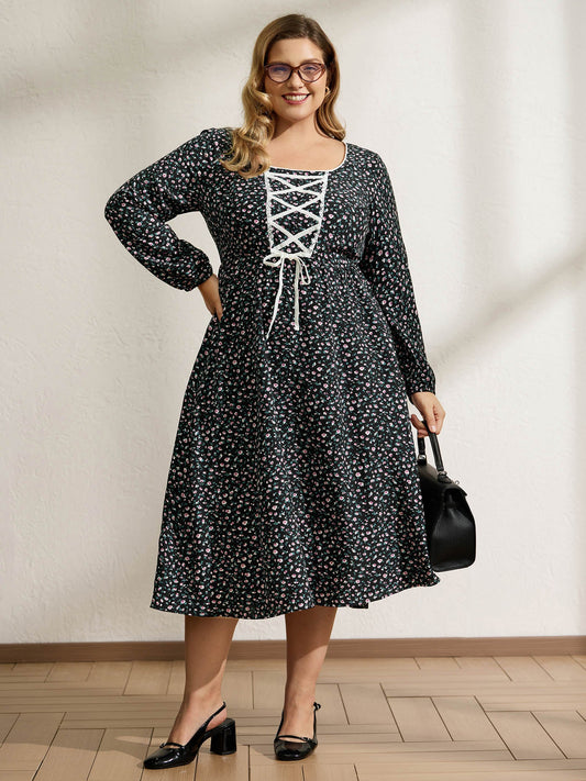 Micro Floral Print Adjustable Drawstring Maxi Dress