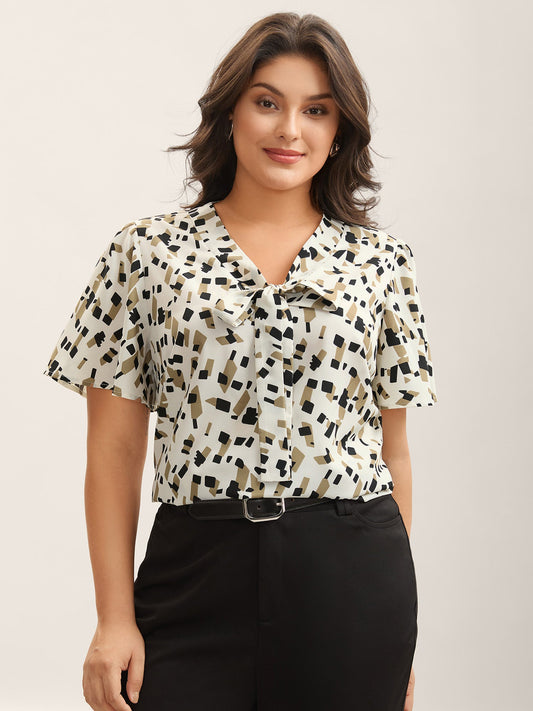 Geometric Print Ribbon Collar Blouse