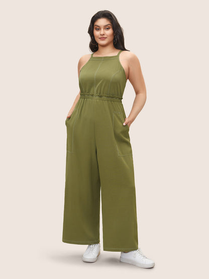 Plain Tucked Seam Frill Trim Jumpsuit