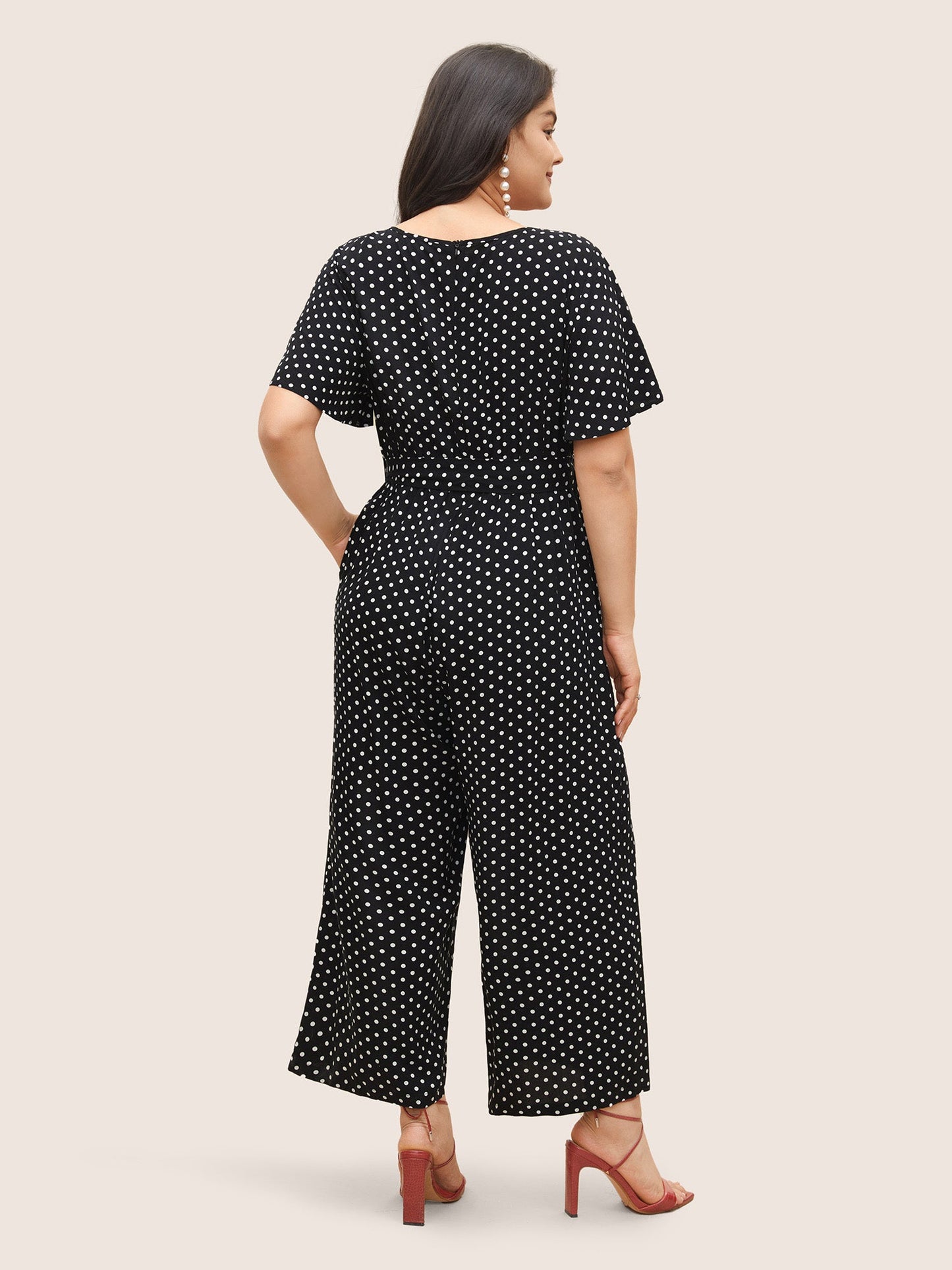 Polka Dot Cut Out Zipper Belted Jumpsuit