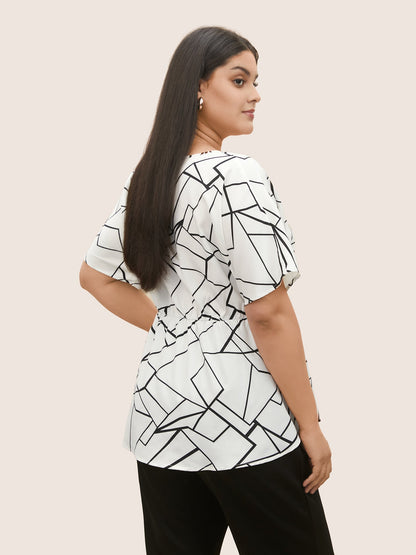 Geometric Overlap Collar Ruffle Sleeve Blouse
