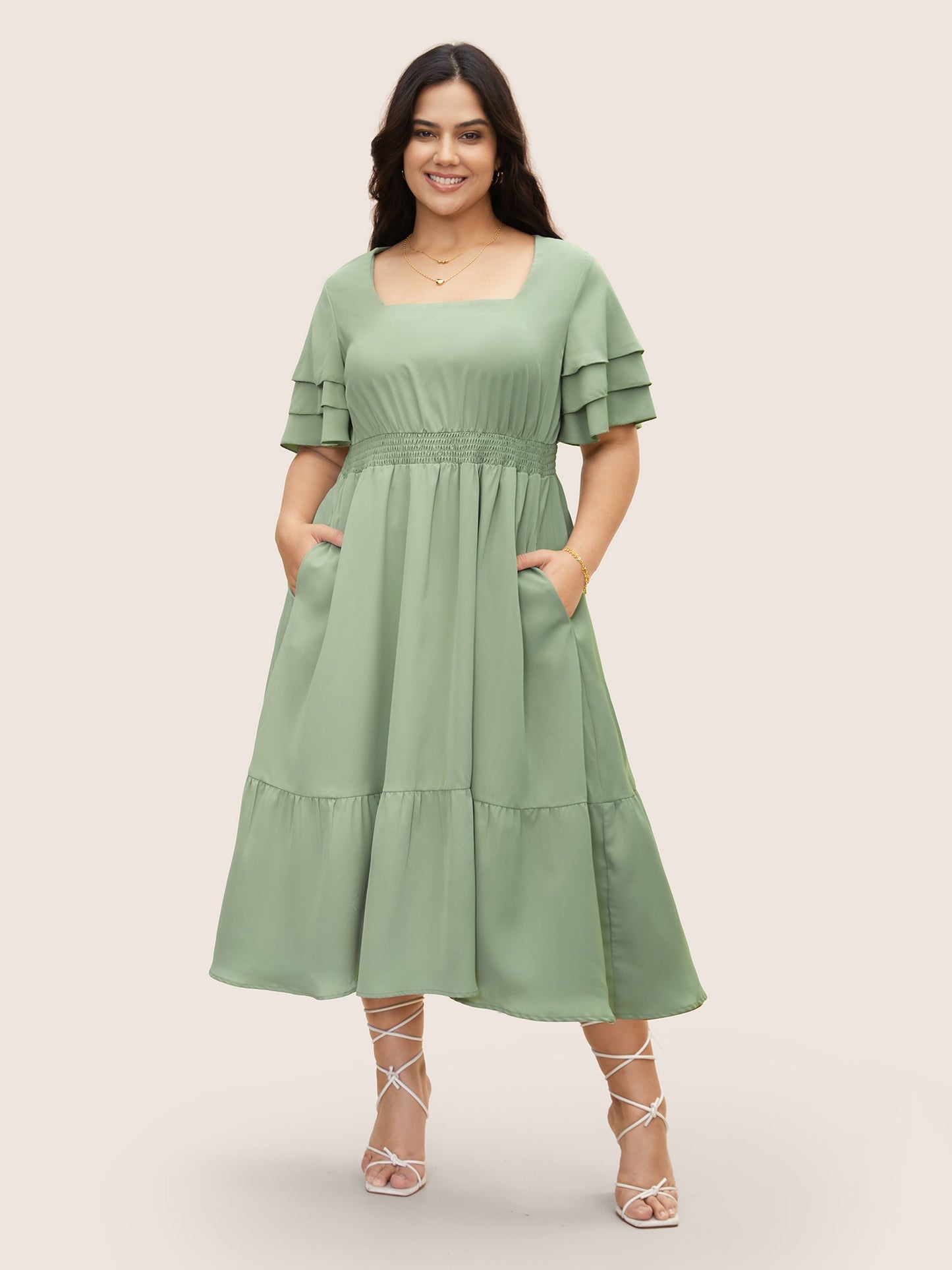 Square Neck Shirred Tiered Ruffle Sleeve Dress