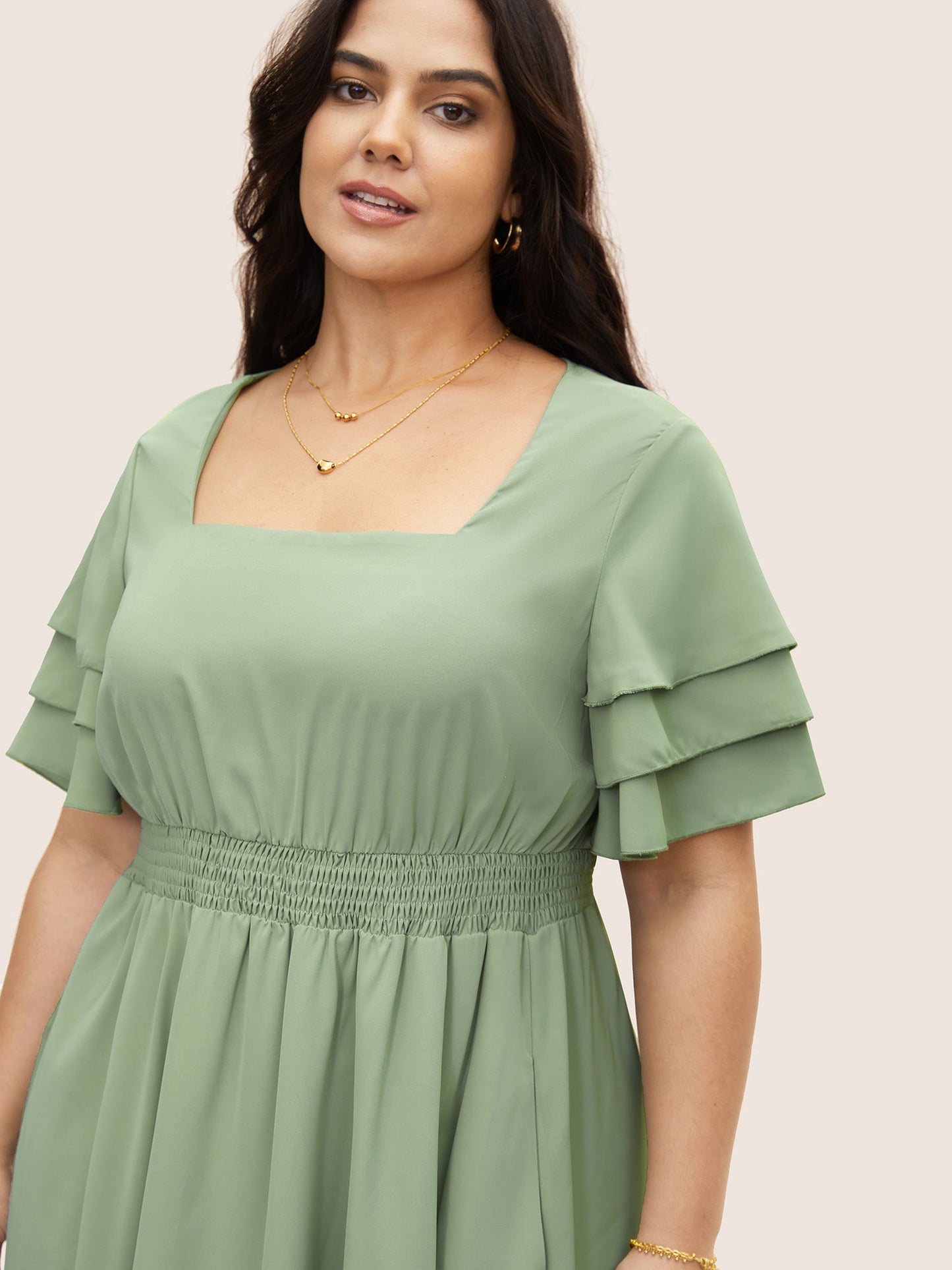 Square Neck Shirred Tiered Ruffle Sleeve Dress