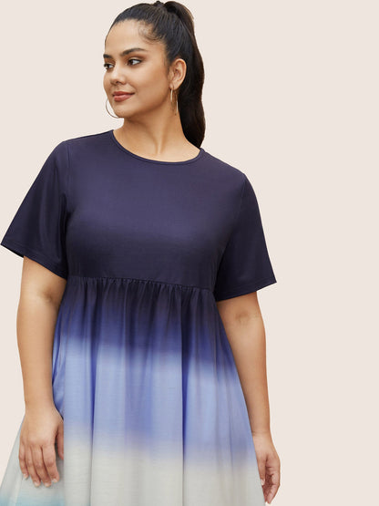 Ombre Tie Dye Round Neck Gathered Dress