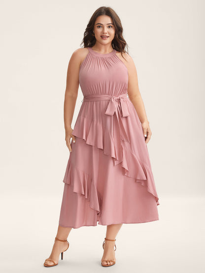 Ruffled Halter Neck Solid Midi Dress