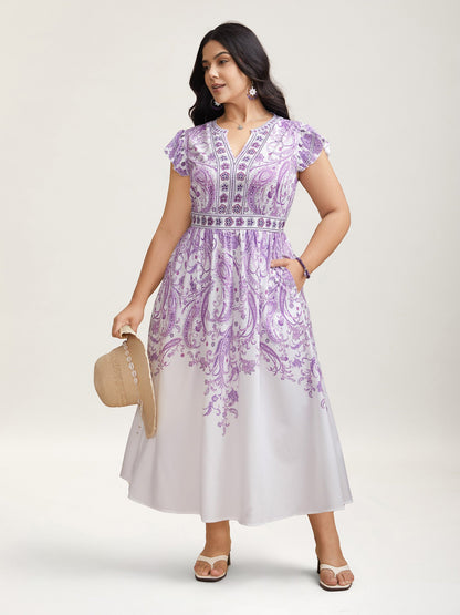 Paisley Print Notched Collar Ruffled Midi Dress