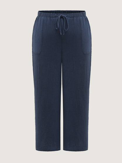 Cotton Textured Waist Drawstring Straight-Leg Pants