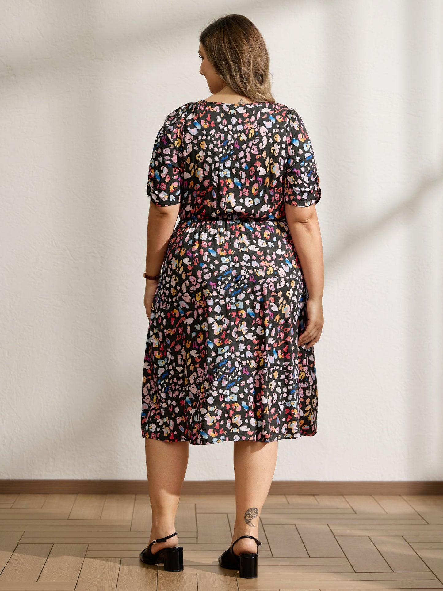 Rayon Leopard Print Drape Sleeve Midi Dress